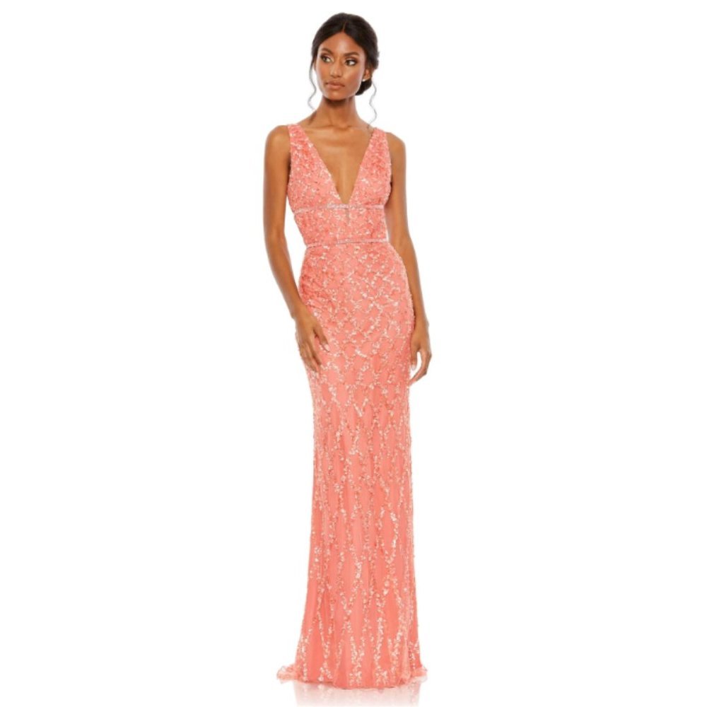 Mac Duggal Peach Embellished Maxi Dress